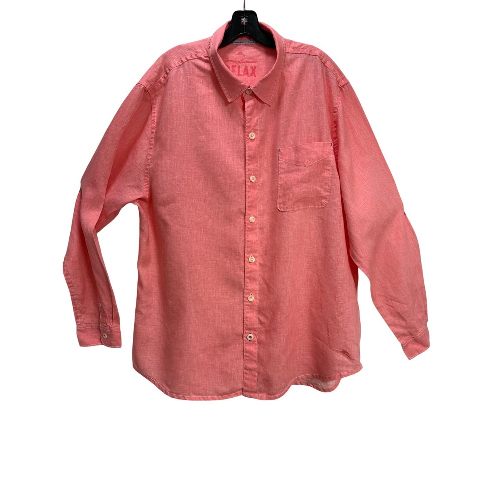 Tommy Bahama Button Down Shirt Mens XL Coral Pink 100% Linen Relaxed Fit Crisp